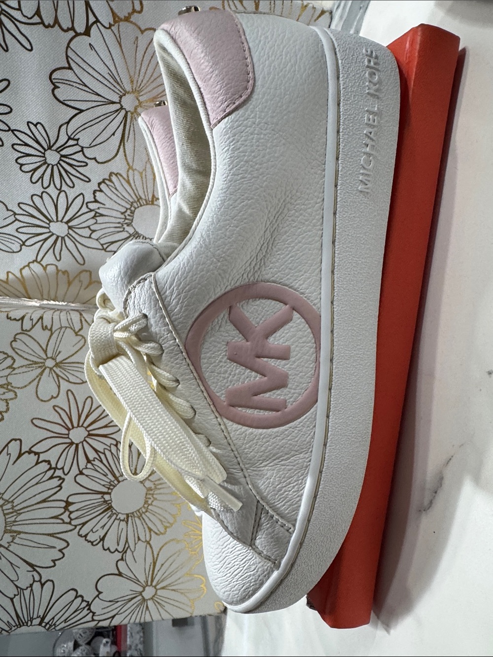 Michael Kors White Leather Sneakers with Pale‎ Pink Logo